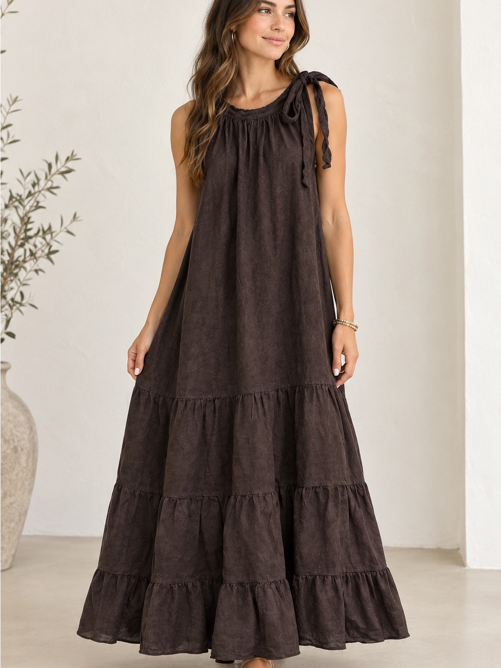 Sleeveless Tiered Maxi Dress with Shoulder Tie - Dark Brown linen